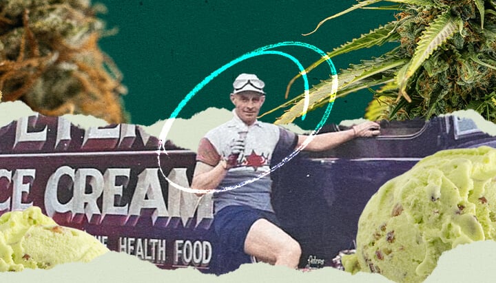 Met cannabis doordrenkt ijs Een kleurrijke collage die elementen combineert van een ijswagen, marihuanaplanten en een man die geniet van een ijsje. Twee bollen ijs en de marihuanaplanten voegen een leuke en relaxte sfeer toe aan de afbeelding.